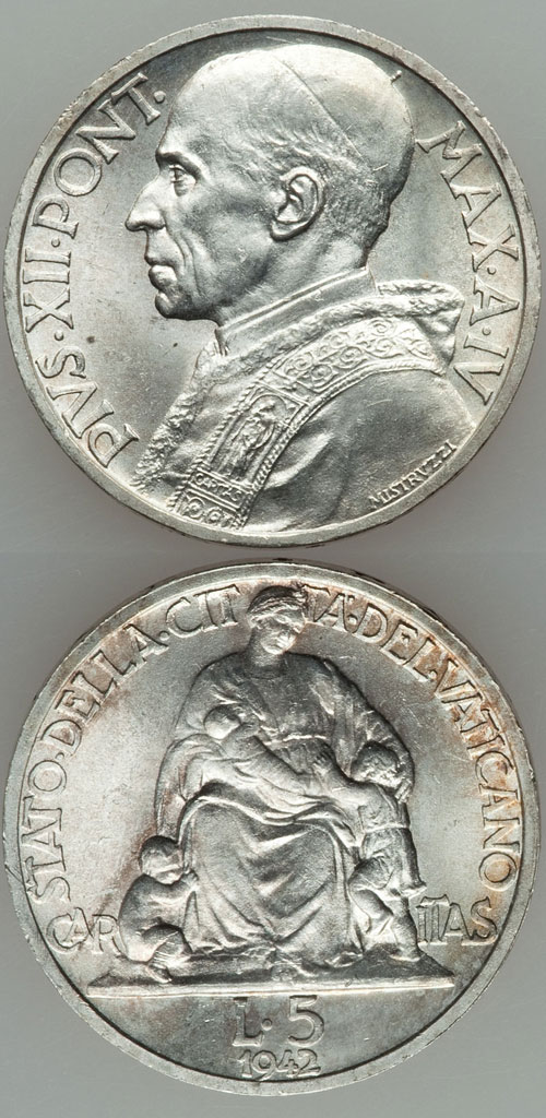 1942 Vatican 5 Lire Silver Coin UNC Photo