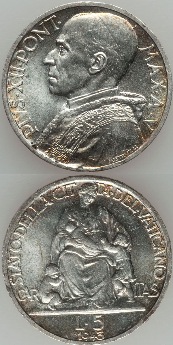 1943 Vatican 5 Lire Silver Coin BU Photo