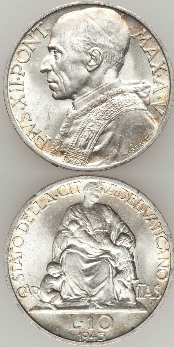 1943 Vatican 10 Lire Silver Coin BU Photo