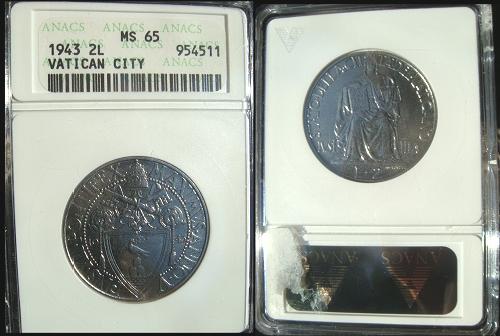 Jencius Coins - 1943 Vatican 2 Lire ANACS MS65