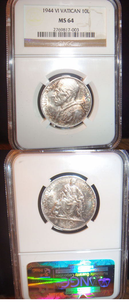 1944 Vatican 10 Lire Silver Coin MS64 Photo