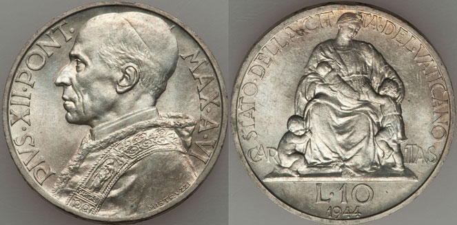 1944 Vatican 10 Lire Silver Coin UNC Photo