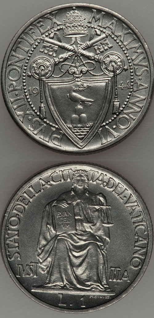 1944 Vatican 1 Lira Coin UNC Photo