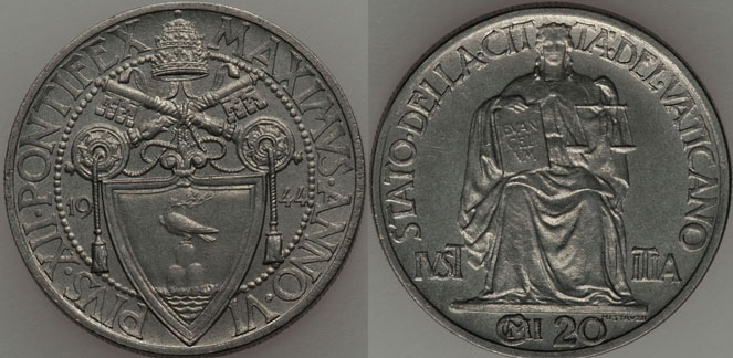 1944 Vatican 20 Centesimi Justice Coin UNC Photo