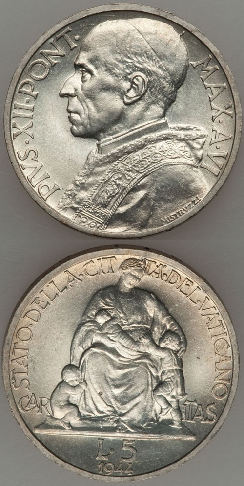 1944 Vatican 5 Lire Silver Coin UNC Photo