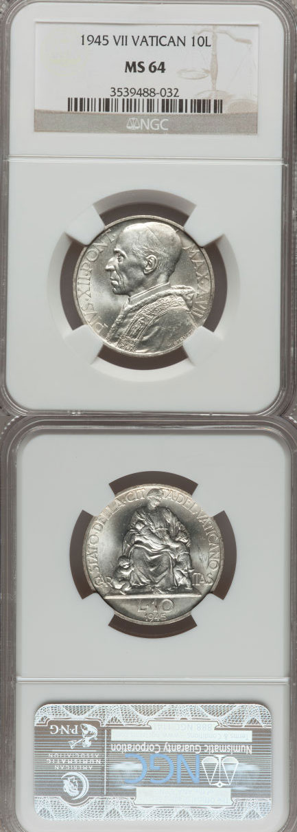 1945 Vatican 10 Lire Coin NGC MS64 Photo