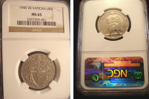 1945 Vatican 1 Lira Coin NGC MS65 Photo