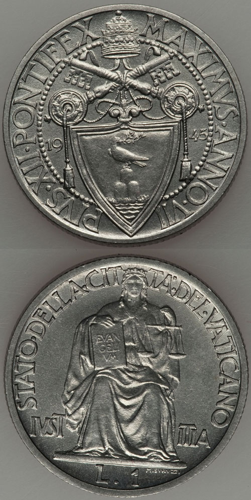 1945 Vatican 1 Lira Coin UNC Photo