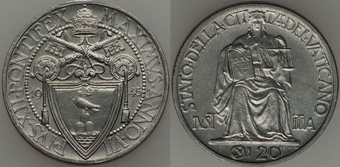 1945 Vatican 20 Centesimi Justice Coin UNC Photo