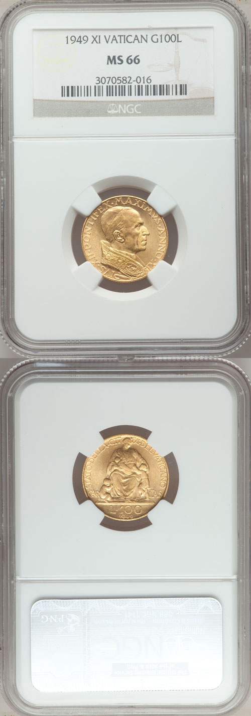 1949 Vatican 100 Lire Gold Coin NGC MS66 Photo