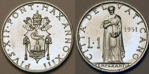 1951 Vatican 1 Lira Coin TEMPERANCE Photo