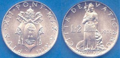 1951 Vatican 2 Lire Coin FORTITUDE Photo