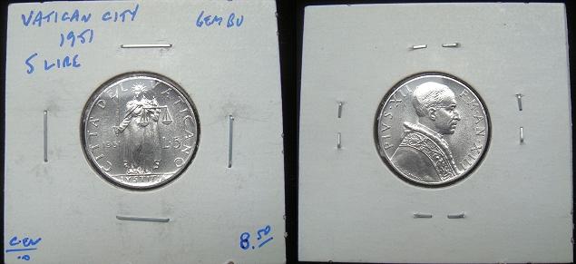 1951 Vatican 5 Lire Coin JUSTICE Photo