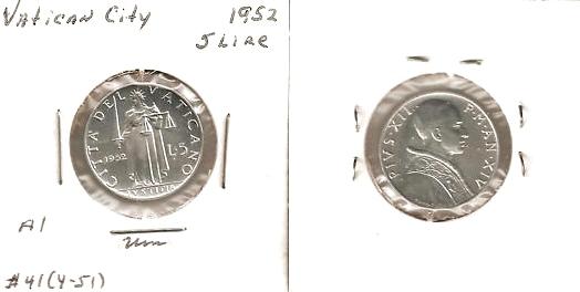 1952 Vatican 5 Lire Coin JUSTICE Photo