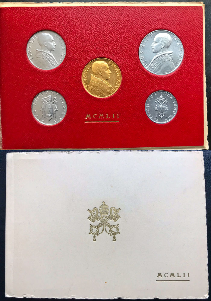 1952 Vatican Mint Set with 100L Gold Coin BU Photo