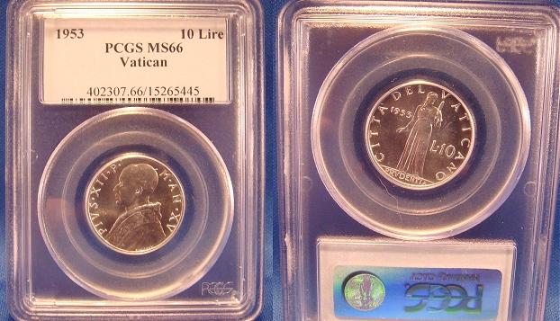 1953 Vatican City 10 Lire Coin PCGS MS66 Photo
