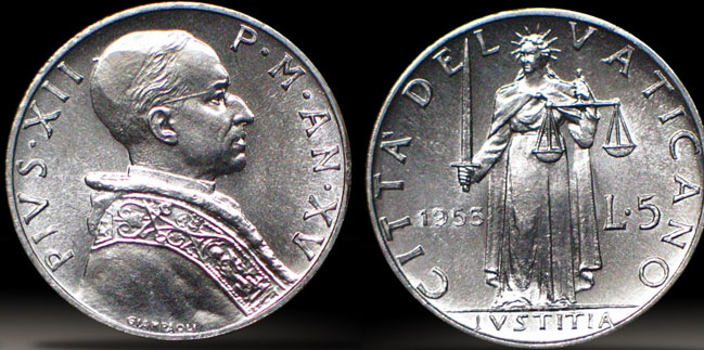 1953 Vatican 5 Lire Coin JUSTICE Photo