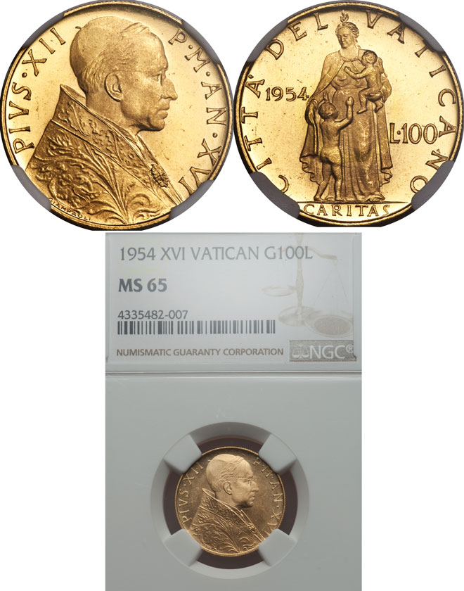 1954 Vatican 100 Lire Gold Coin NGC MS65 Photo