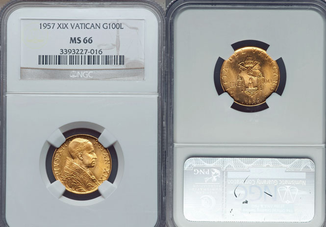 1957 Vatican 100 Lire Gold NGC MS66 Photo