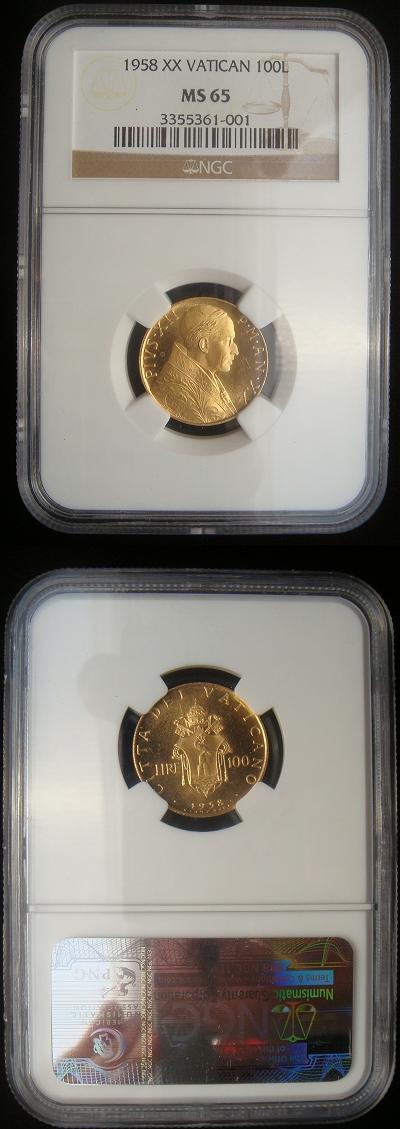 1958 Vatican 100 Lire Gold MS65 Photo