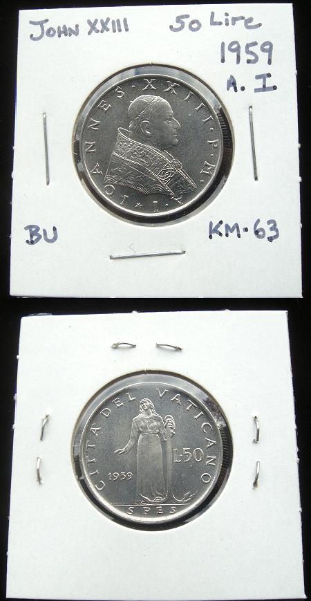 Jencius Coins - 1959 Vatican 50 Lire Coin, Goddess Spes