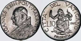 1960 Vatican 10 Lire PRUDENCE Coin Photo