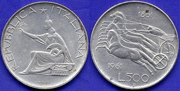 1961 Italy 500 Lire Silver Italian Unification Photo