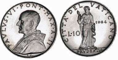 1964 Vatican 10 Lire PRUDENCE Coin Photo