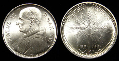 1968 Vatican 500 Lire Silver Coin, F.A.O. Photo