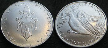 1974 Vatican 100 Lire Dove of Peace Coin Photo