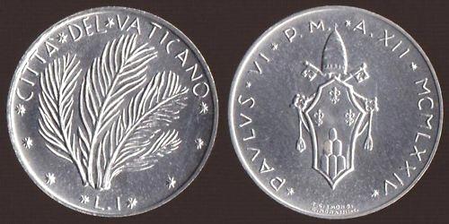 1974 Vatican 1 Lira Coin PALMS Photo