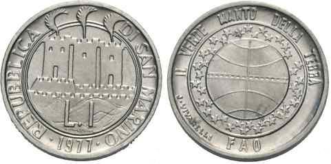 1977 San Marino 1 Lira FAO Coin Photo