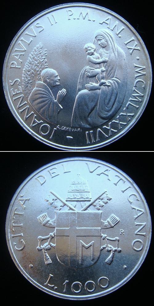 1987 Vatican 1000 Lire Silver Coin B/U Photo