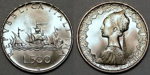 1991 Italy 500 Lire Caravel Coin B/U Photo