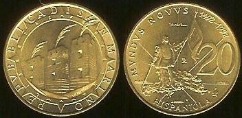 1992 San Marino 20 Lire Coin COLUMBUS Photo