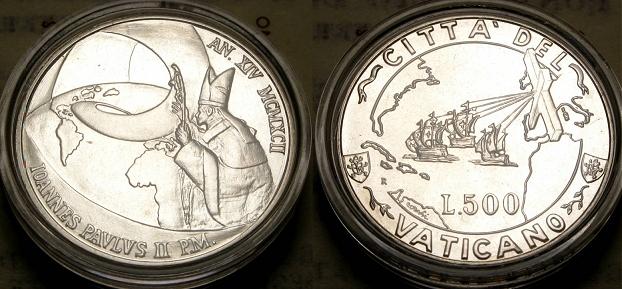 1992 Vatican 500 Lire DISCOVERY AMERICA Coin Photo