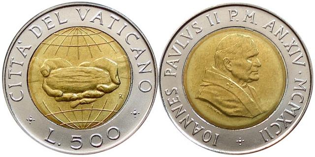 1992 Vatican 500 Lire Bimetal Coin Photo