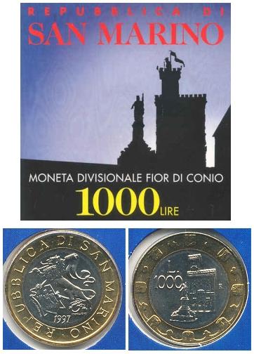 1997 San Marino 1000 Lire Bimetal Coin Lion MINT Photo