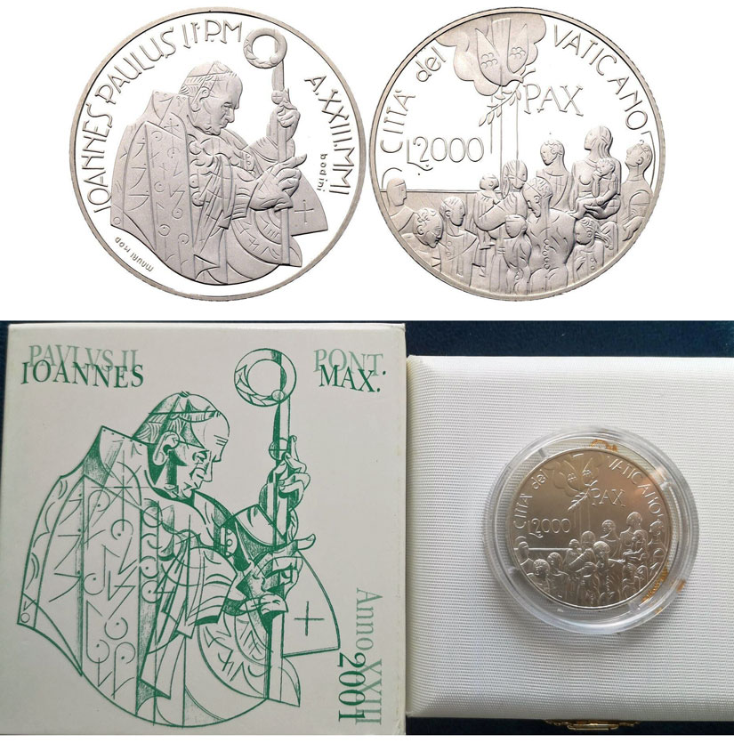 2001 Vatican 2000 Lire Silver BU Coin Photo