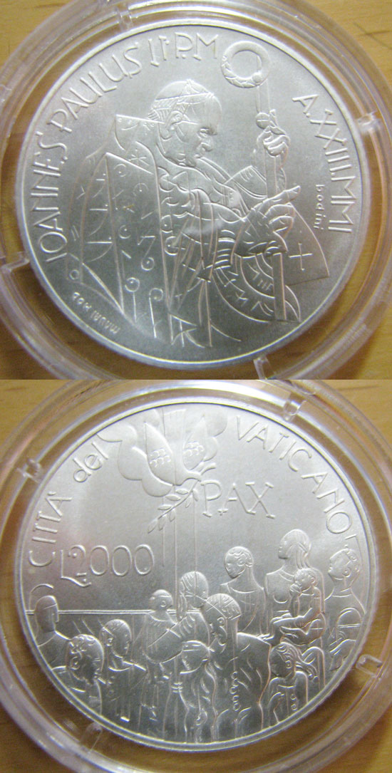 2001 Vatican 2000 Lire Silver BU Coin Photo