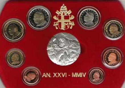 2004 Vatican Proof Set, 8 Euro Coins + Ar Medal Photo