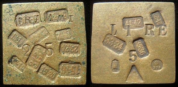 Italy Coin Weight for 5 Silver Lire Square Brass Photo