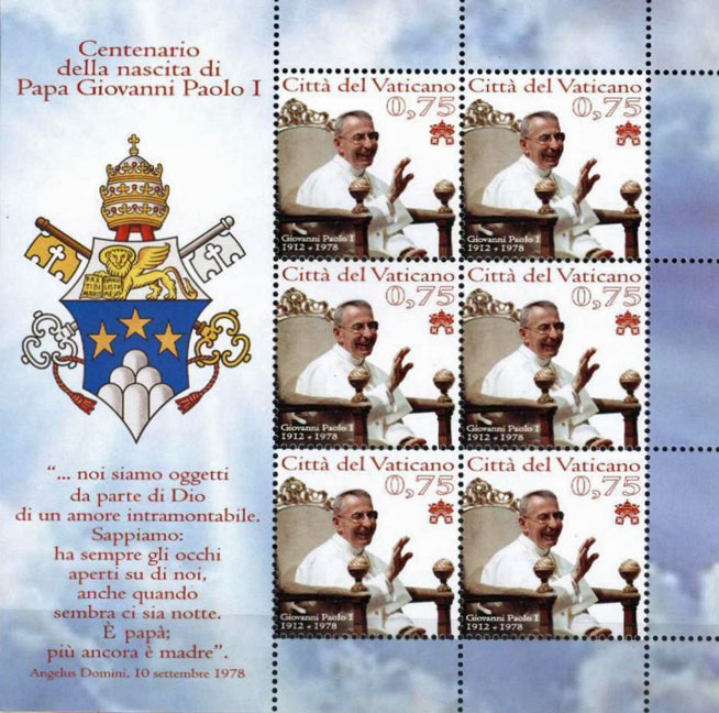 2012 Vatican Mini-Sheet of Pope John Paul I Photo